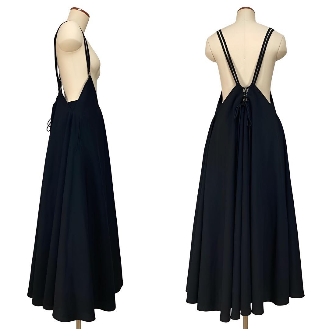 LIMI feu リミフゥ ウールギャバ バックレース ショルダードレス 黒S