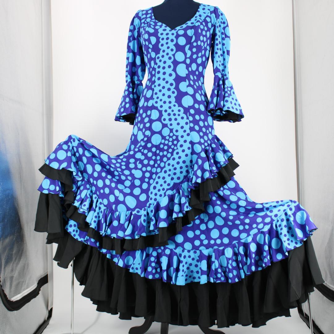美品 フラメンコ衣装】ブルー×豪華ボランテ ワンピース ドレス 青