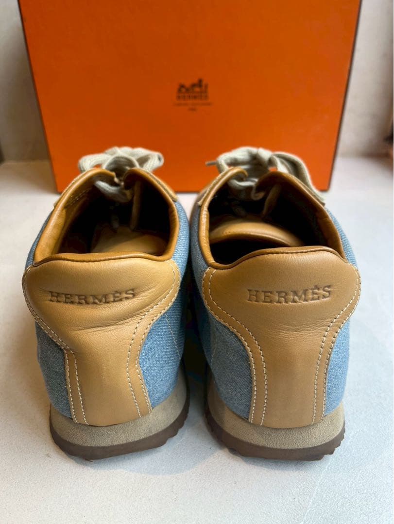 一週間着用】HERMES レザー デニム地コンビ スニーカー 25.5センチ