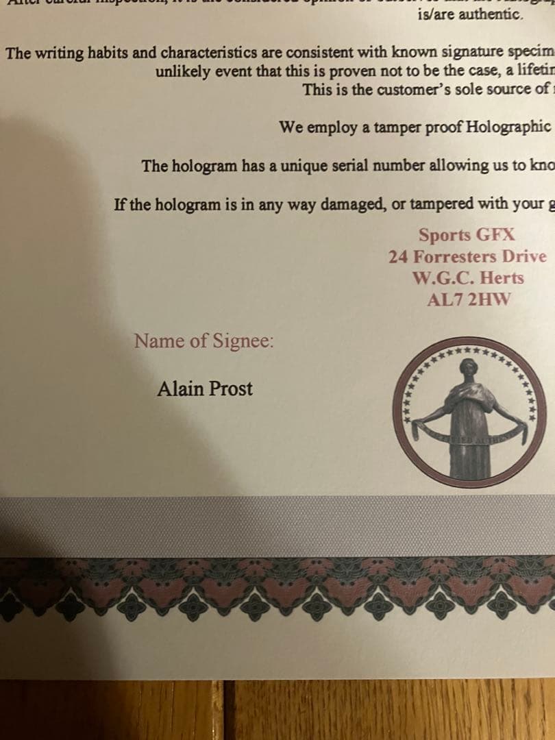 アラン プロスト フェラーリ 直筆サイン 証明書付き 1990 アラン