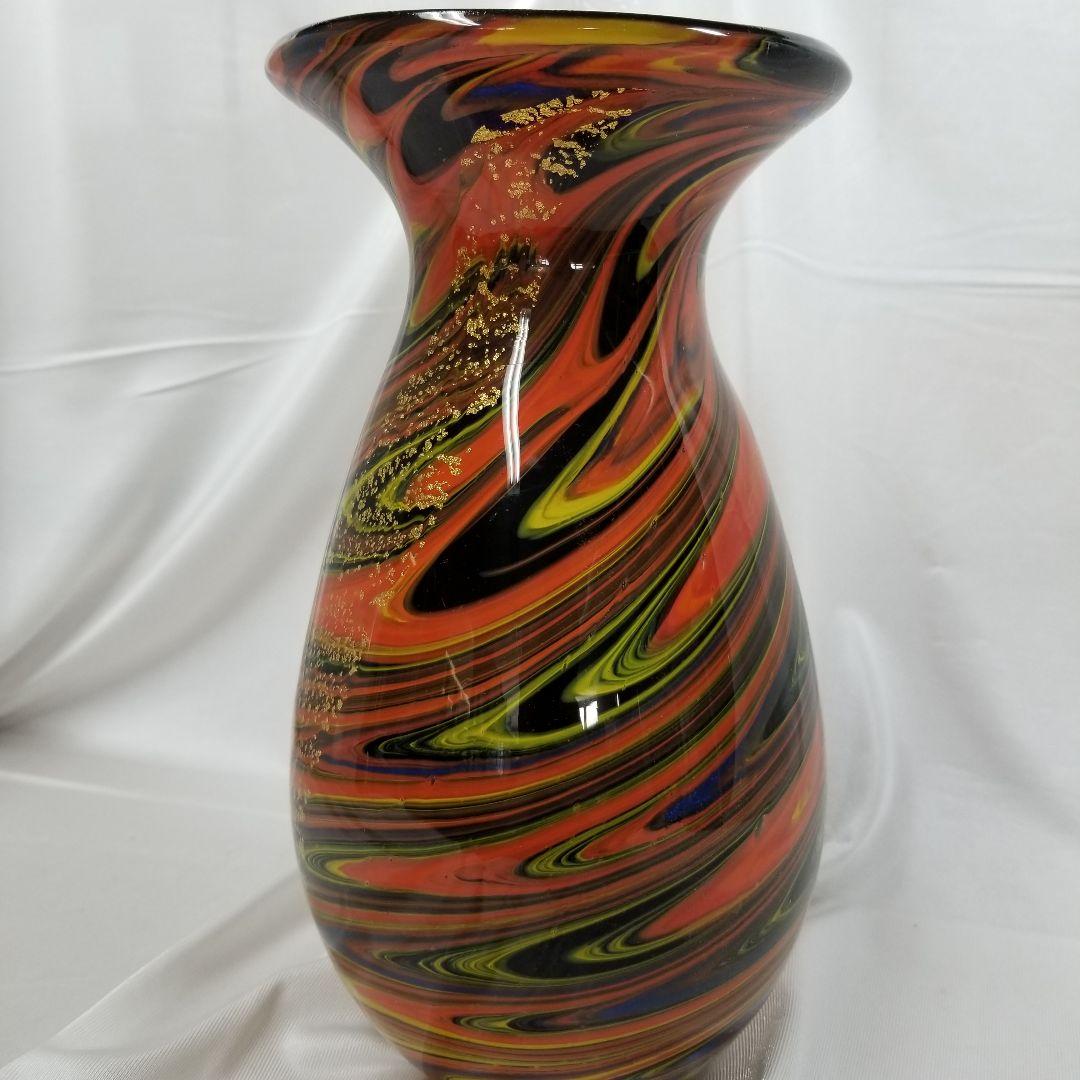 昭和レトロ ART GLASS アートグラス 花瓶 金彩 マーブル カラフル