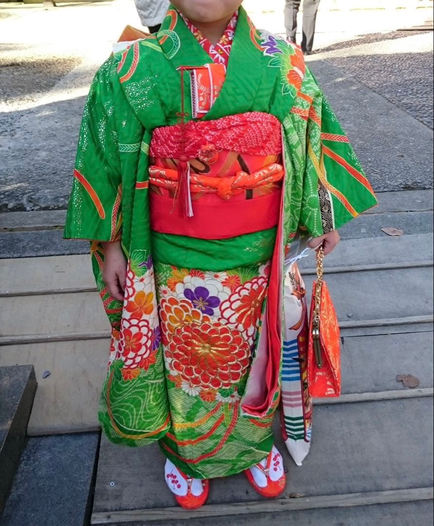 正絹　七五三用 花柄 緑色着物 楽天市場】【レンタル】753 七五三 着物 7歳 フルセット 女の子