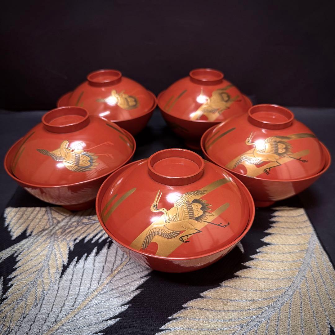 漆器 輪島塗 金蒔絵松鶴文 木製 蓋付椀 お煮物椀 吸物椀 5客 骨董品