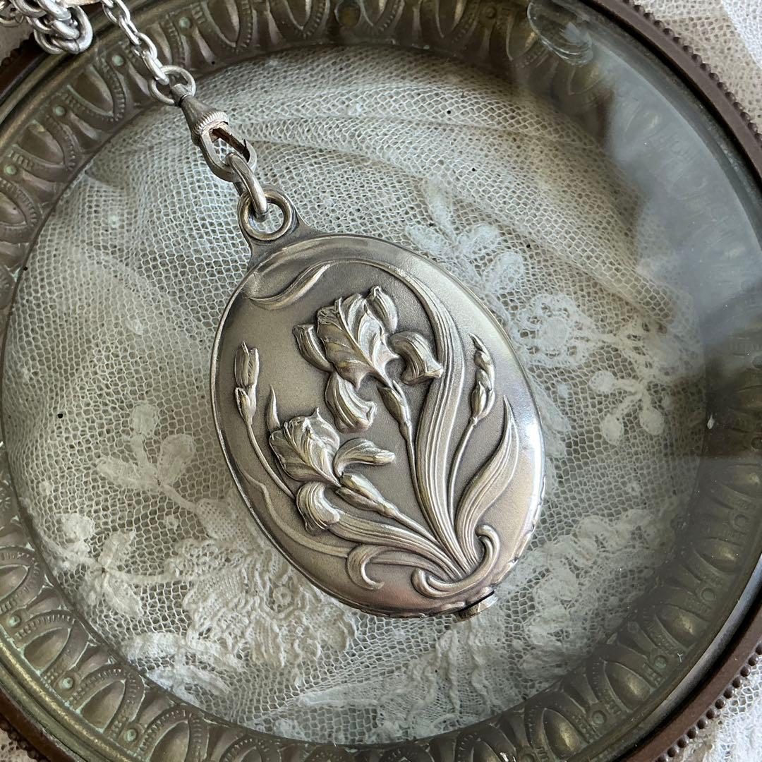 希少 フランスアンティーク アイリス シャトレーン ピルケース ミラー