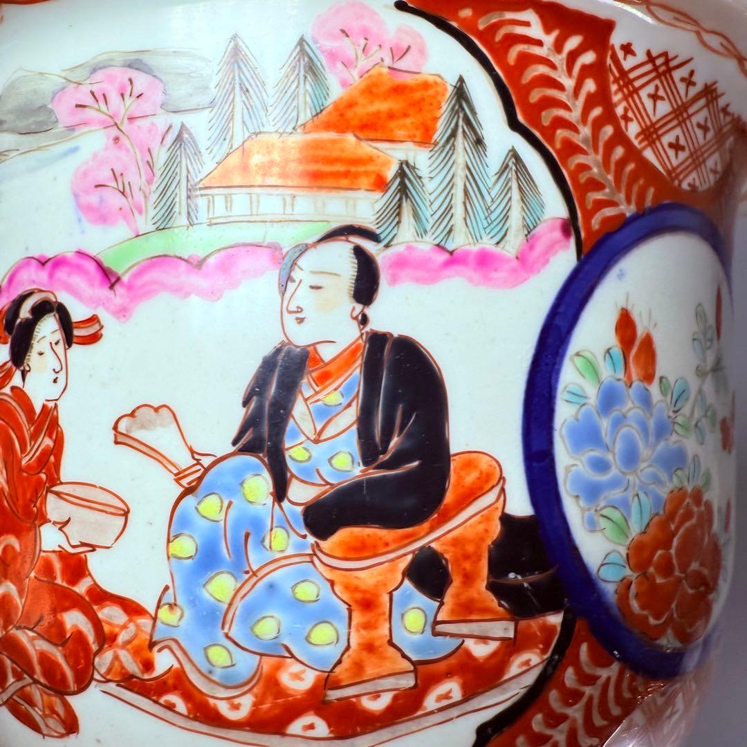 明治～大正期 輸出向 有田焼 色絵人物図 窓絵 アンティーク 植木鉢