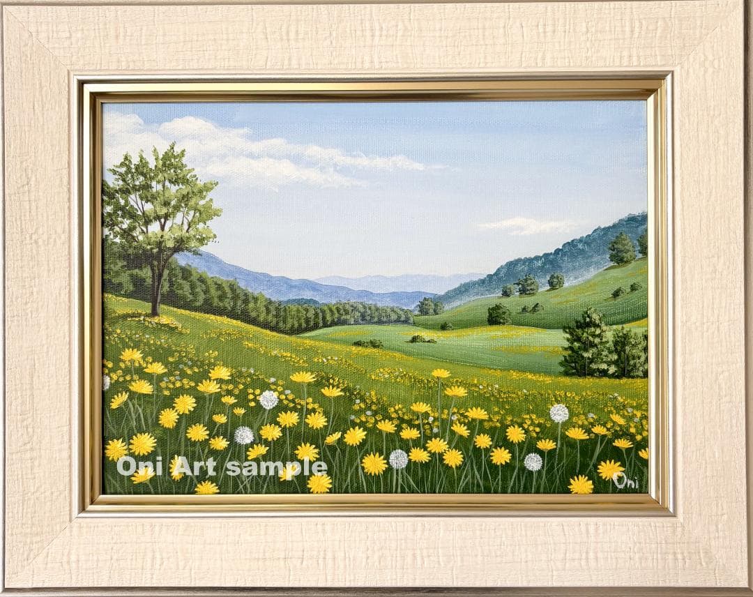 アクリル画 原画 「野花の咲く高原01」額縁付 F4サイズ キャンバス