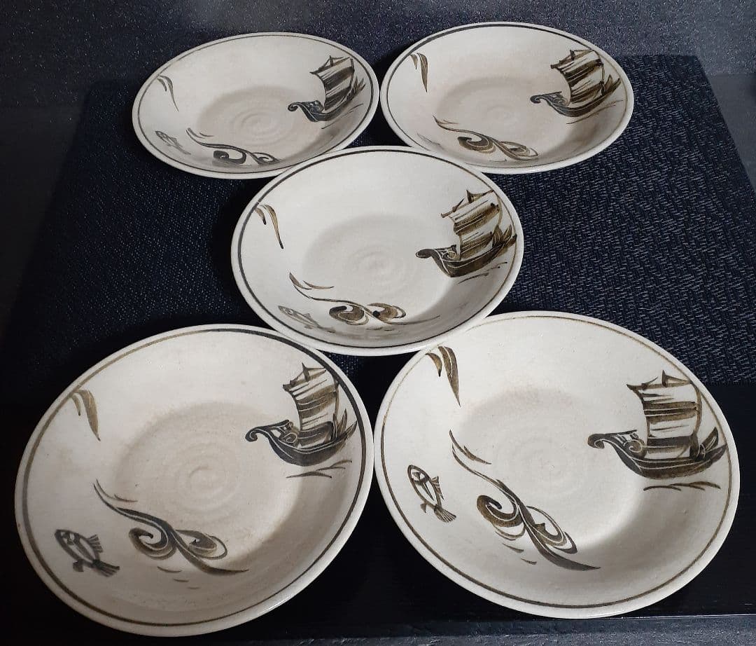 真作保証 三代三浦竹泉 造 画 高麗 帆掛け舟に魚の図 皿 菓子