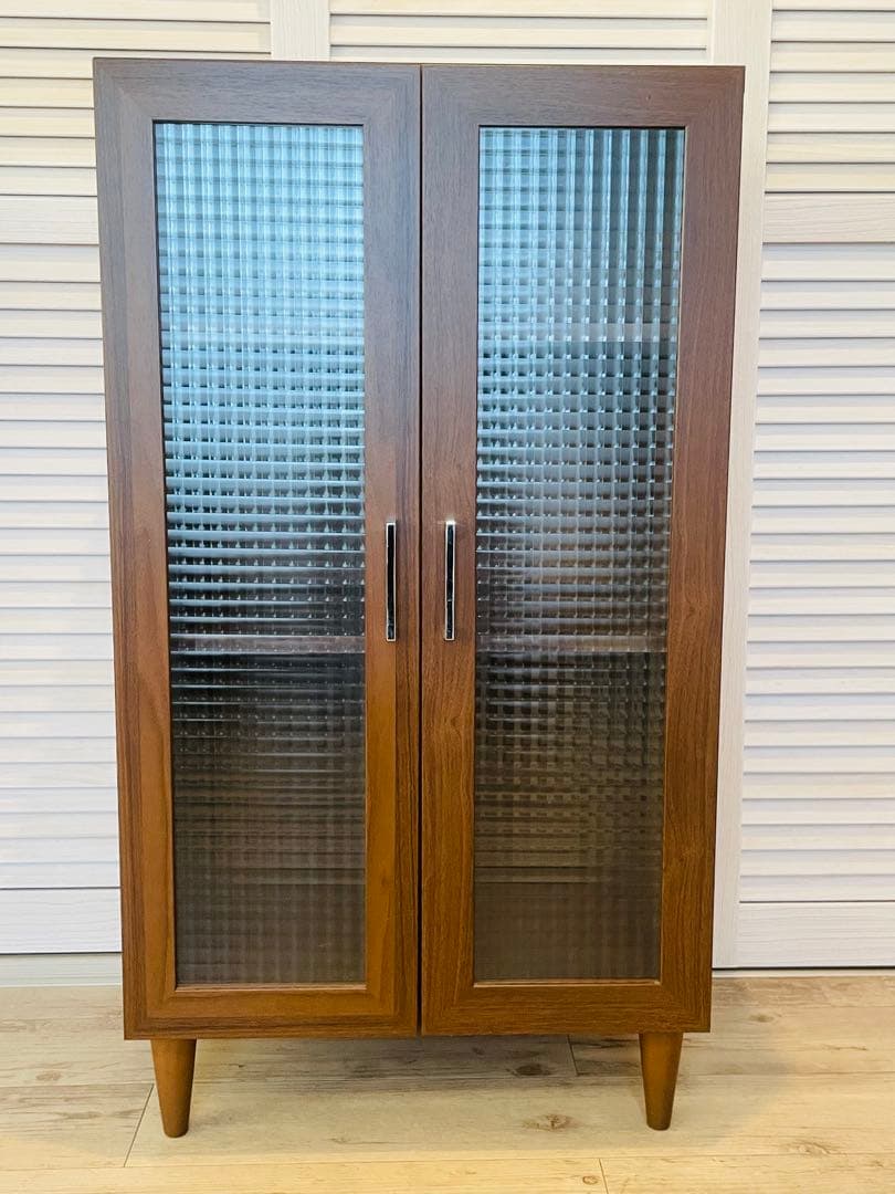 木製キャビネット・サイドボード＊チェッカー・ワッフルガラス扉 可動棚付き リビングボード サイドボード チェッカーガラスキャビネット w120