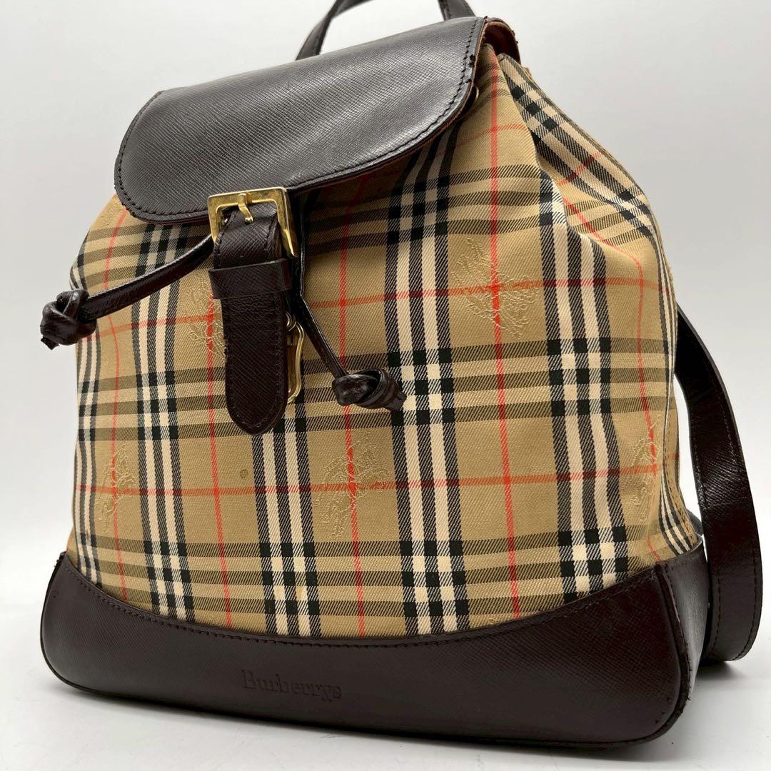 バーバリー リュック 巾着 フラップ ノバチェック シャドーホース ブラウン