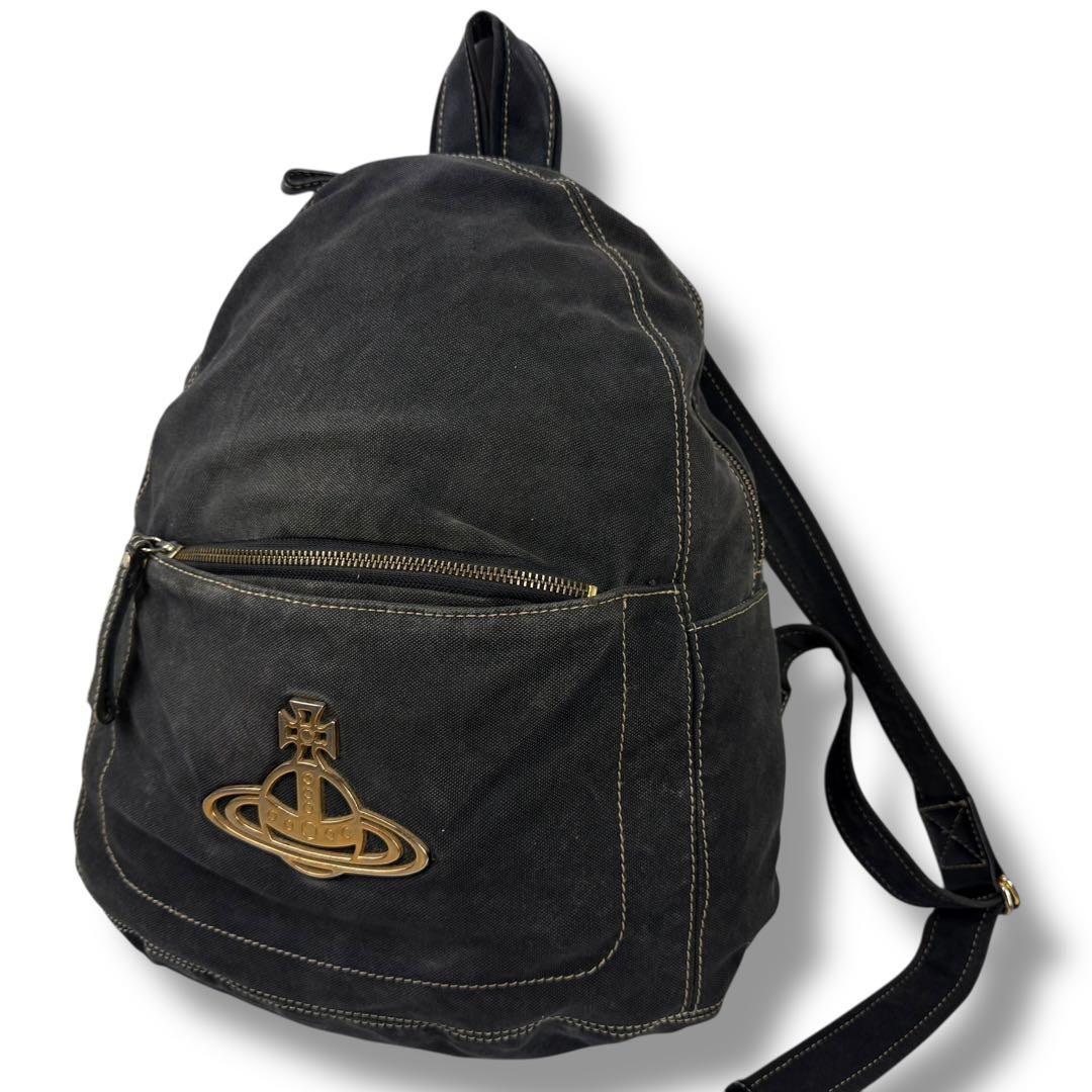 【廃盤品】ヴィヴィアンウエストウッド エッジウェア リュック ビッグオーブ 黒 ブランド古着】キャンバスバックパック エッジウェアー（バックパック