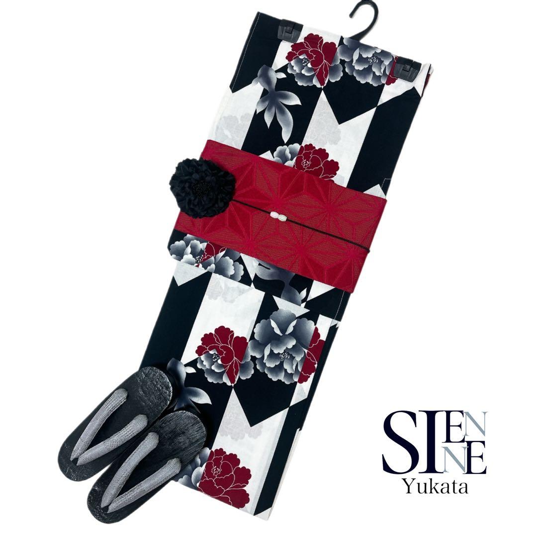 SALE 浴衣ジェンヌ 浴衣5点セット 黒×白 矢絣 矢羽 半幅帯 下駄 赤 r5-brand931ok_1.jpg