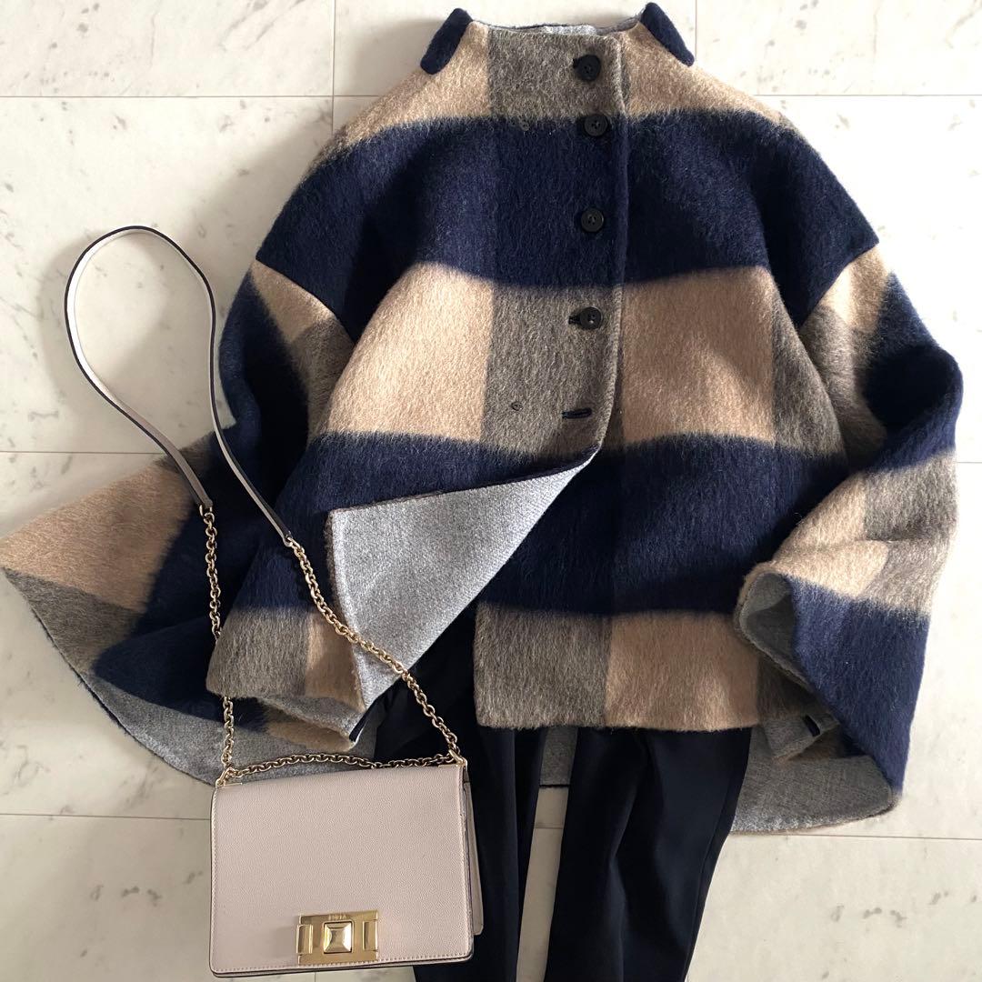 極美品 サポートサーフェス モヘヤウール チェックポンチョコート ケープ M相当 極美品 サポートサーフェス モヘヤウール チェックポンチョコート