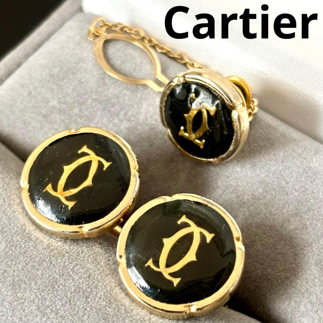 カルティエ】カフス タイピン セット ダブルC ロゴ ブラック×ゴールド