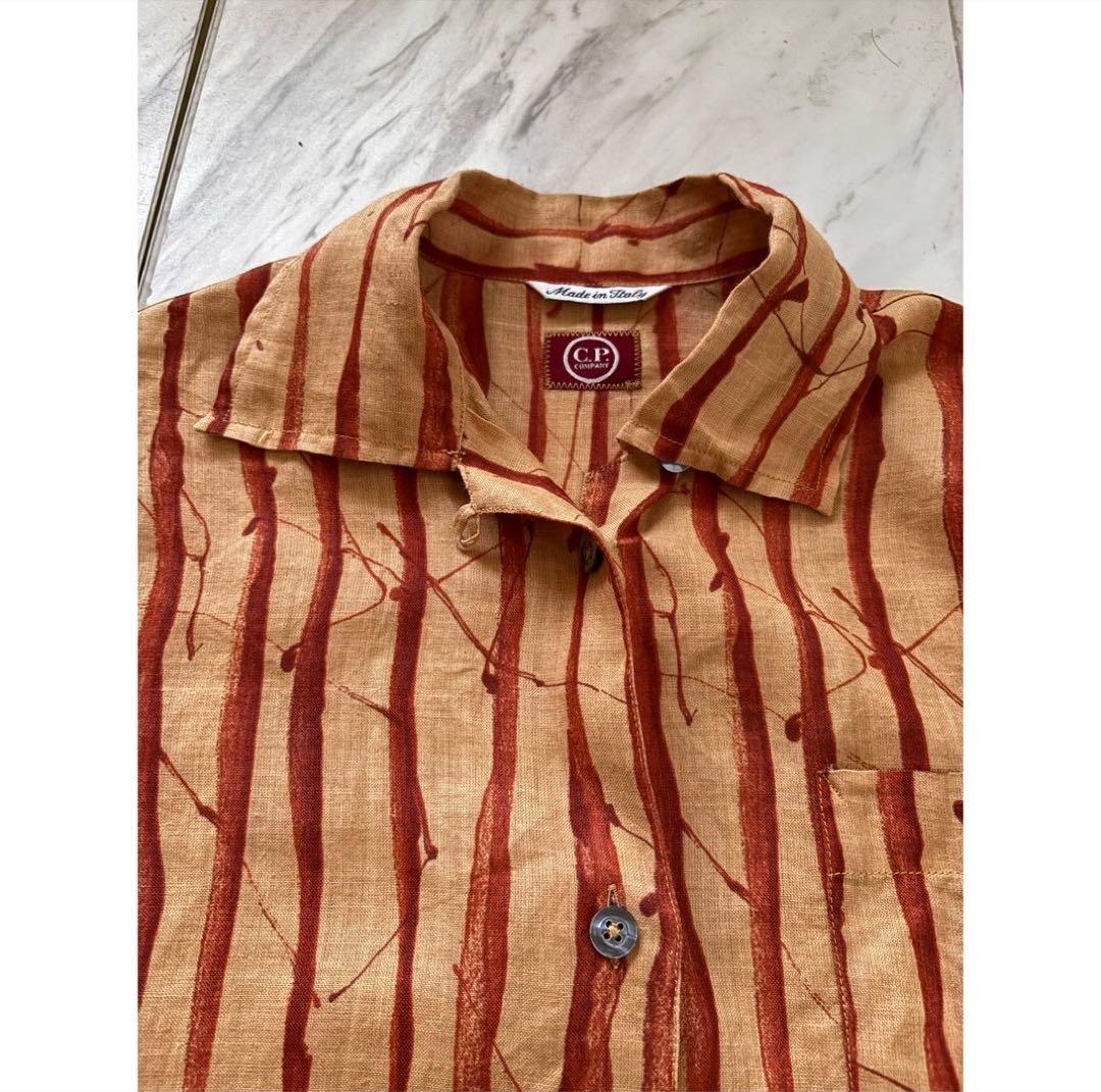 vintage 90s c.p.company 茶色 歪ストライプ リネンシャツ