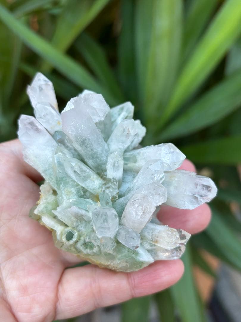 希少　マダガスカル産　濃いめ　グリーンファントムクォーツ　クラスター　206g マダガスカル産グリーンファントムクォーツ クラスター原石(横13.6cm