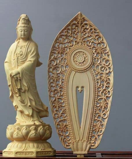 黄楊木彫 背屏蓮華 淨瓶観音仏像 置物 工芸品 - メルカリ