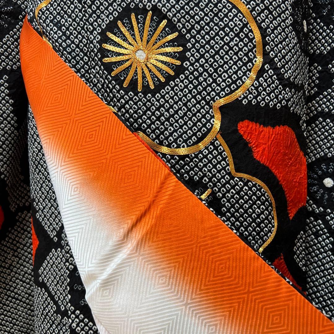 377 振袖フルセット 正絹 黒 朱赤 絞り ツートーン バイカラー 梅 駒