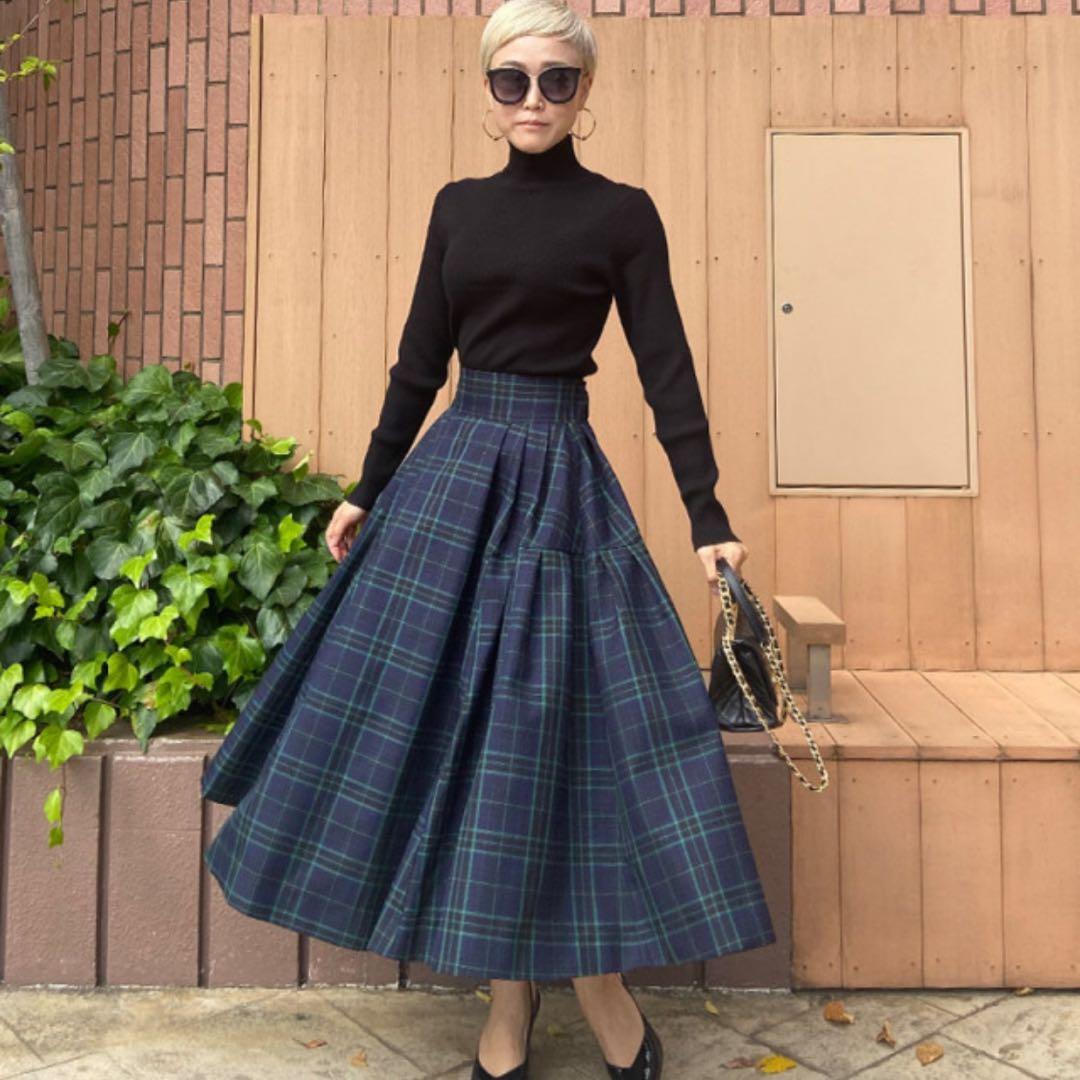 JENNEジェンヌ ♡ タータンチェック タックフレアスカート ネイビー XL