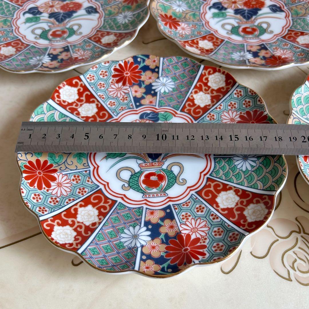 有田焼 陶扇 菊割皿 5枚セット 錦絵 中皿 和皿 金彩色絵 赤絵 古伊万里