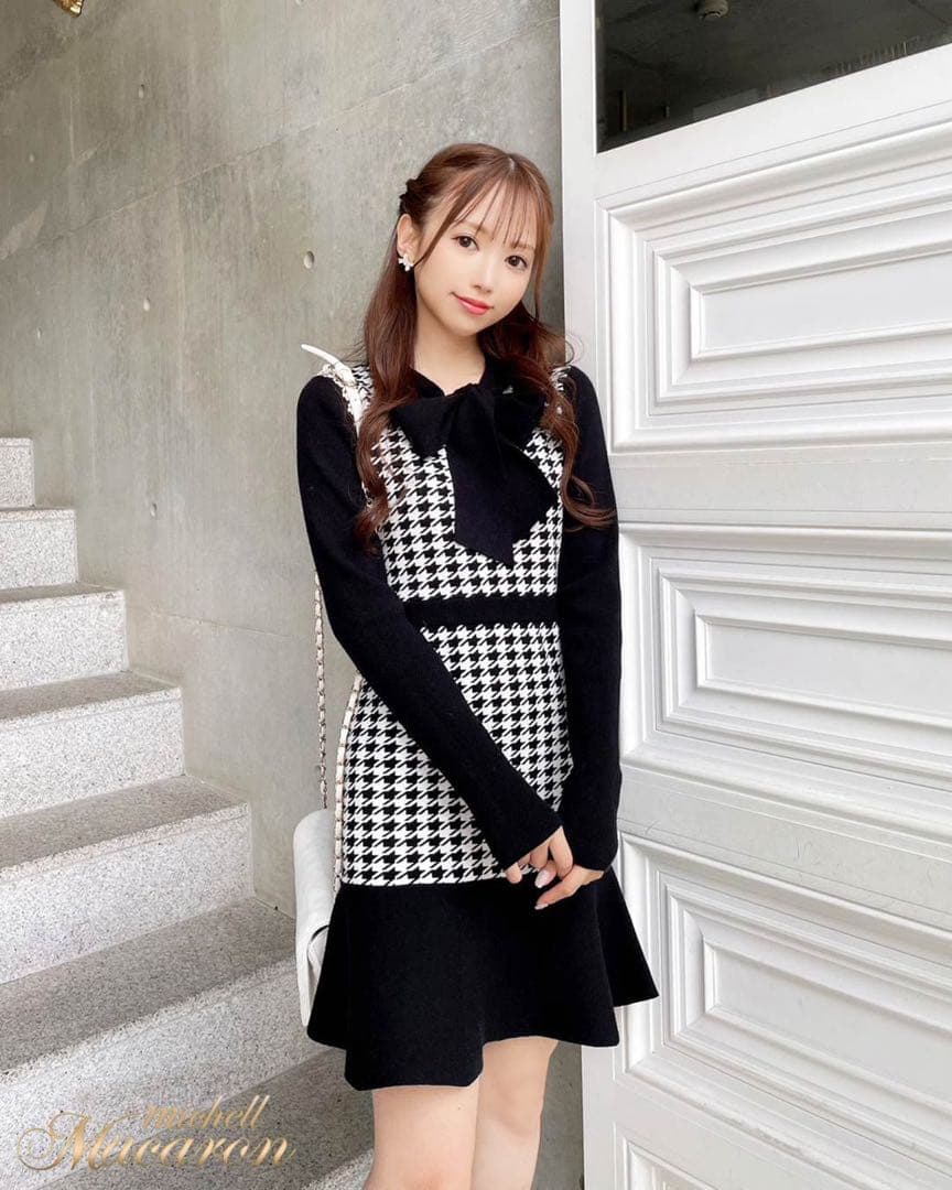 新品未使用 ミシェルマカロン リボンニットワンピース 千鳥柄 XS