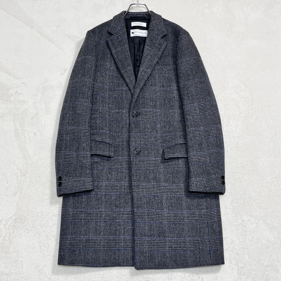美品『B＆Yユナイテッドアローズ』スーパー120 グレンチェック メルトンコート BEAUTY＆YOUTH UNITED ARROWS チェスターコート コート 120S メルトン
