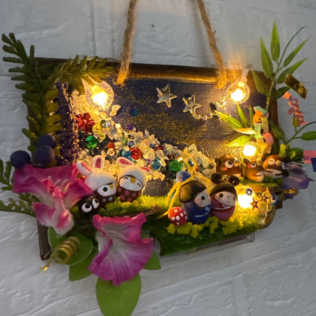 どんぐりアート♡タペストリー風ライト付きオブジェ2点 二段リース 計3点