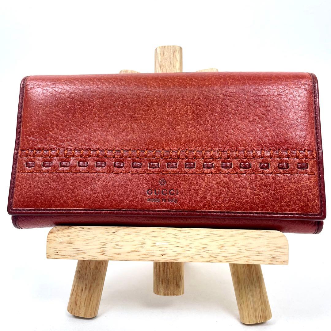 グッチ 長財布 未使用級 ビンテージ 本革 ステッチ 編み込み ロゴ型押し