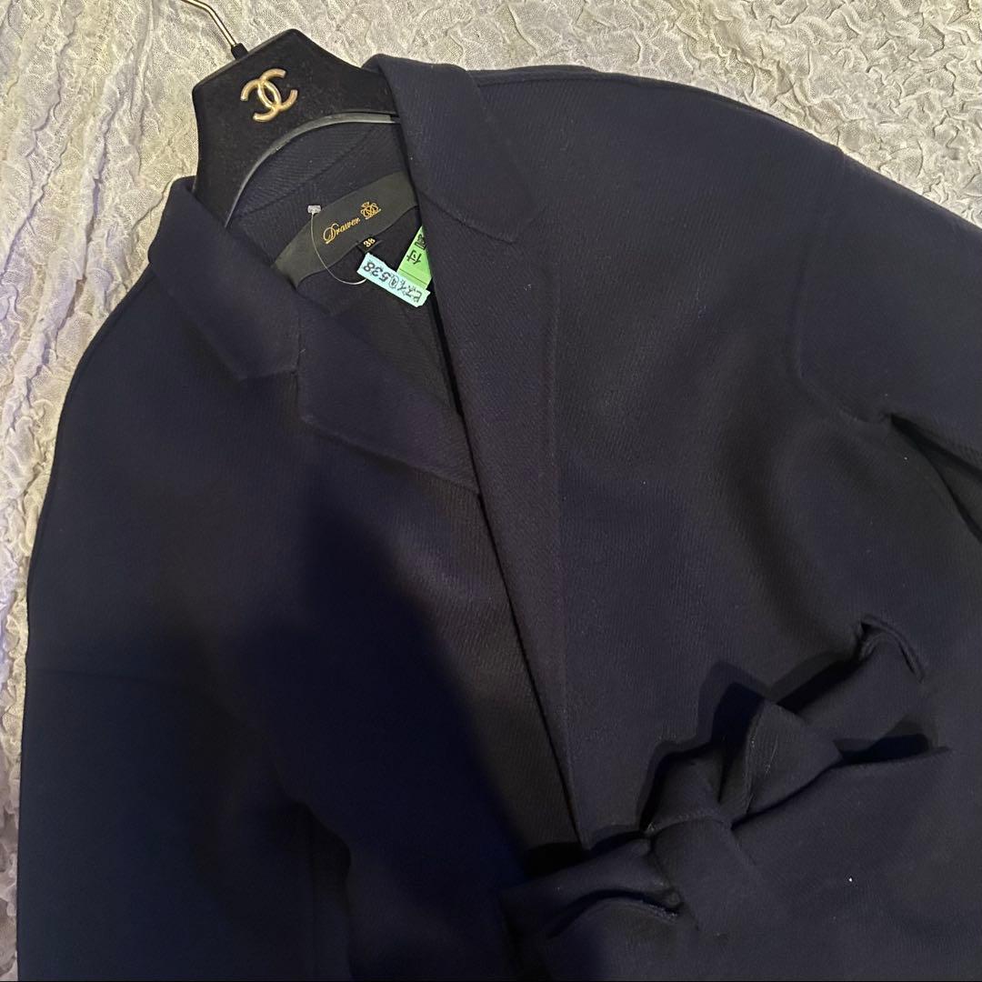 美品Drawerドゥロワー38】ウールケヌキテーラードカラーコート紺色