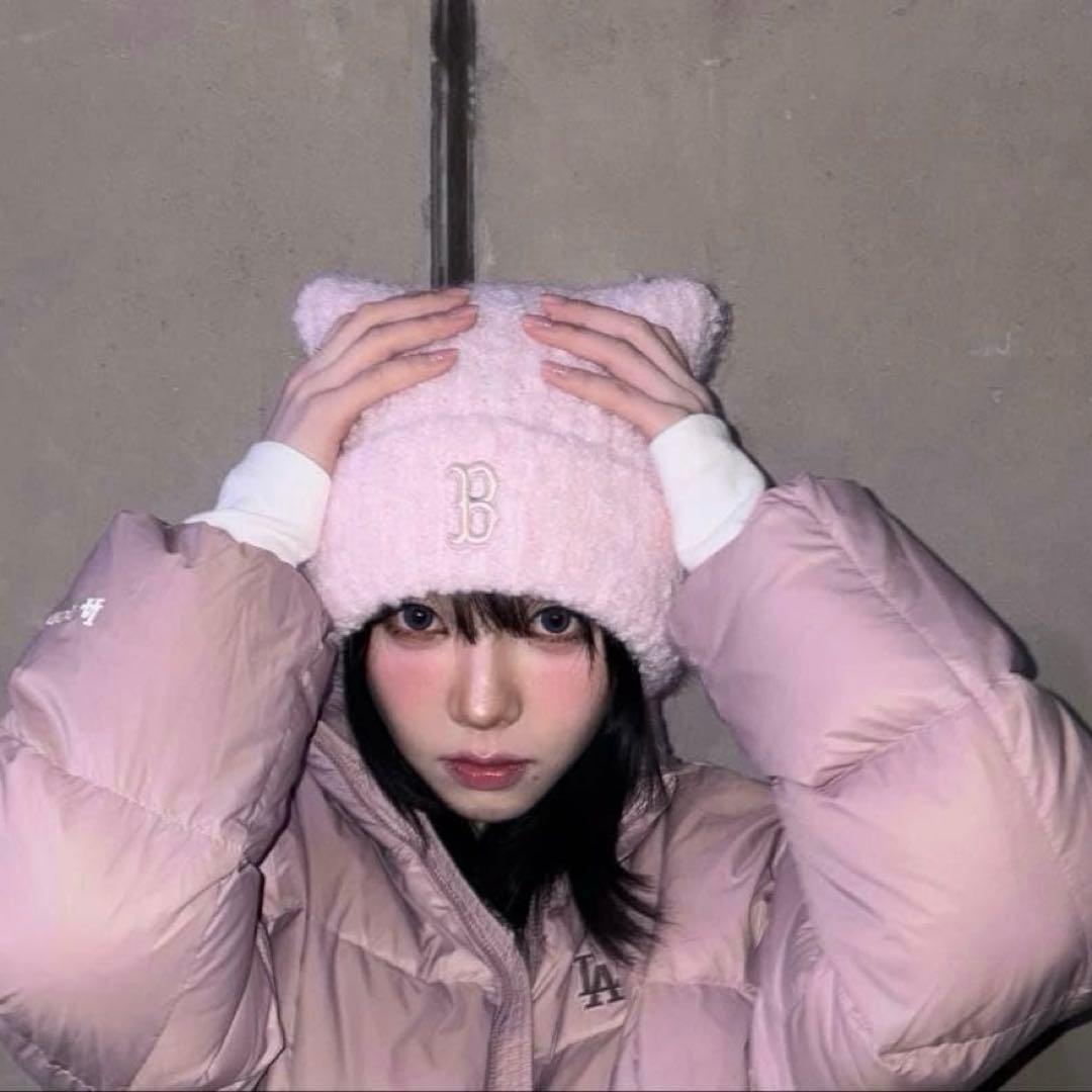 韓国限定❣️MLBKorea カリナ着用 ビーニー ピンク 猫耳ニット帽