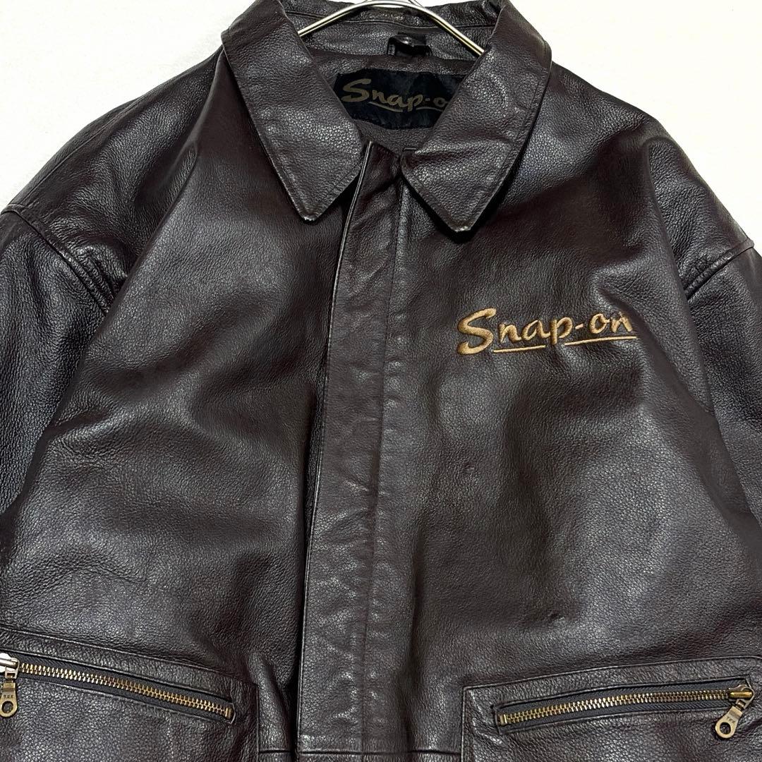 希少】 スナップオン レザージャケット 本革 刺繍ロゴ XL ダーク