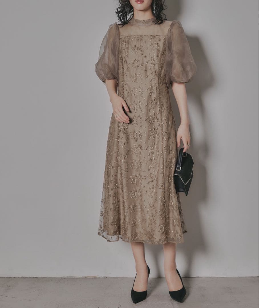 オーガンジーパフスリーブ刺繍レースドレス 結婚式 同窓会 お呼ばれ