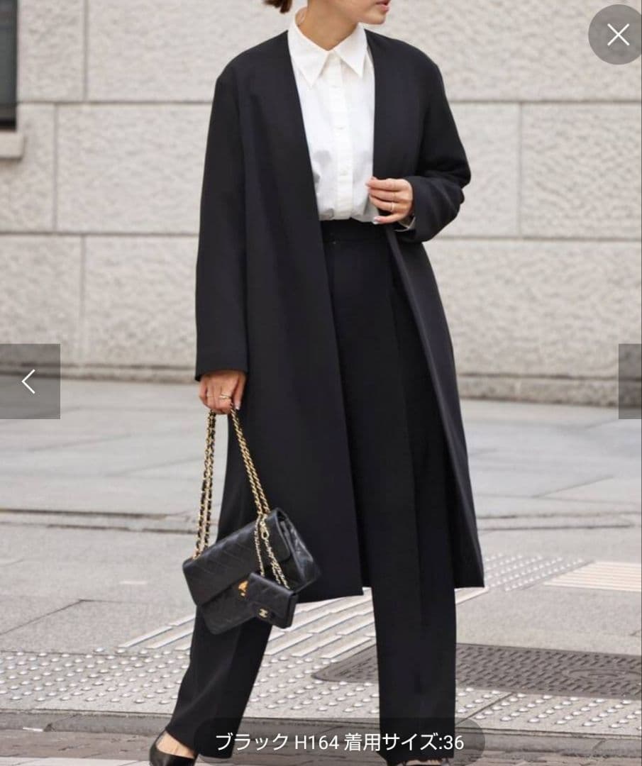 DeuxiemeClasse新品トリアセジョーゼット Vネックコートブラック36 トリアセジョーゼット Vネック コート（ノーカラーコート）｜Deuxieme