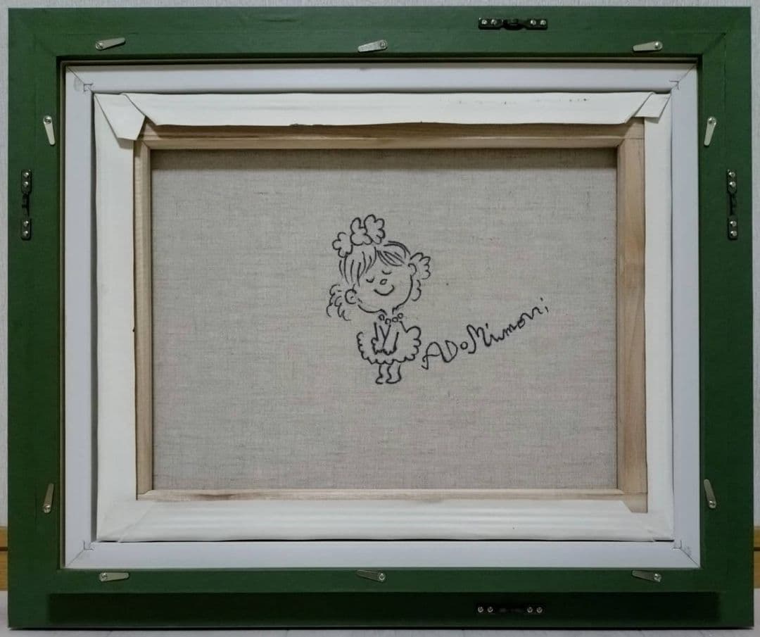 F6号】水森亜土 手描き作品/表裏サイン・裏描き有/油彩/アクリル/額縁