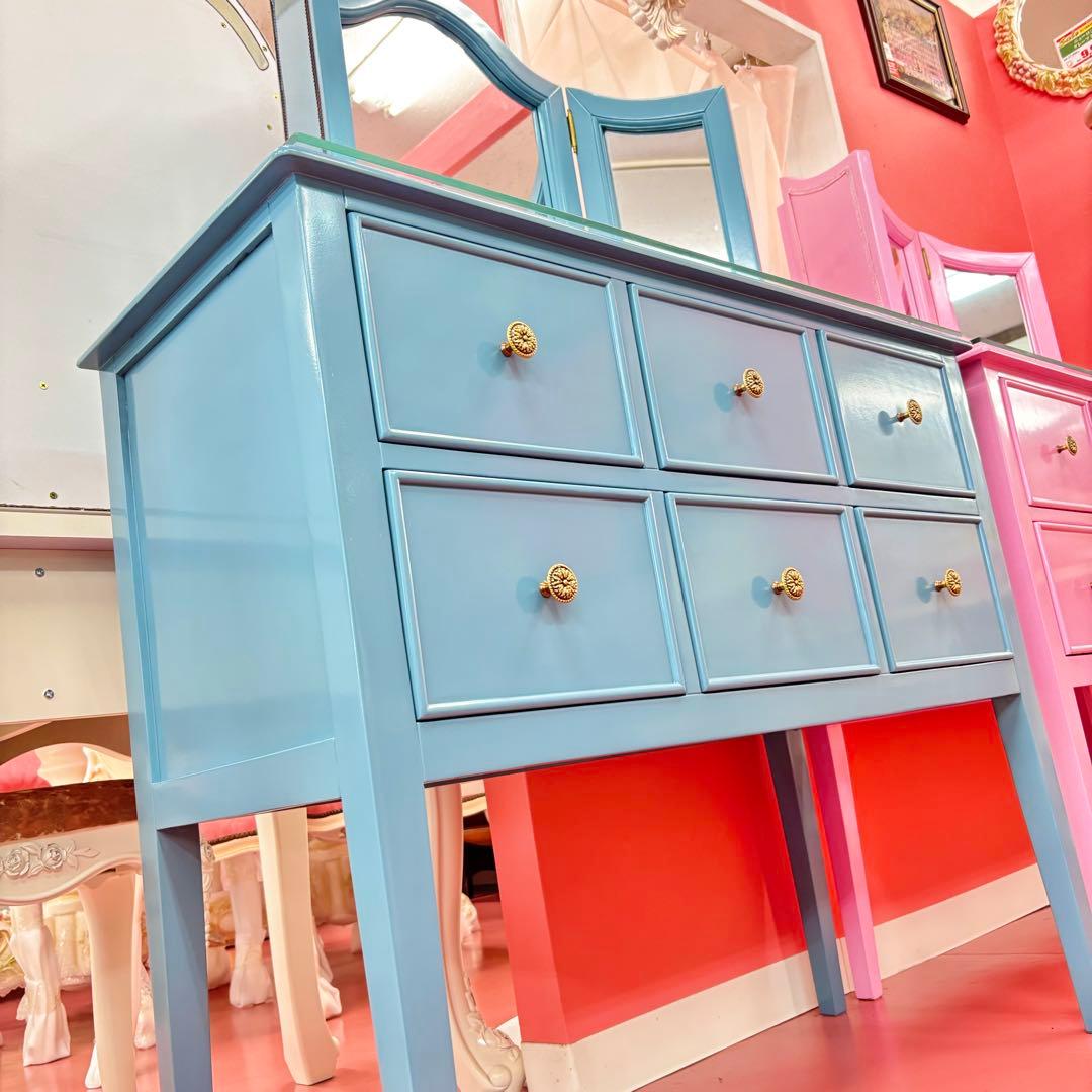 ブルー 3面鏡付 ドレッサー マホガニー材 3面鏡 高級 綺麗 開梱設置