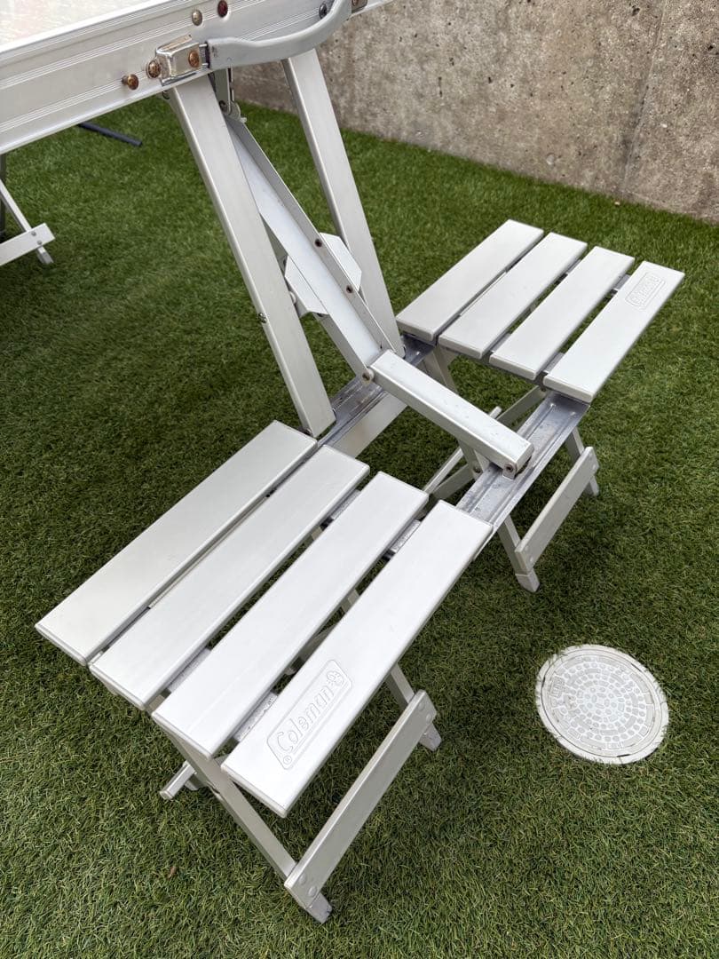 廃盤希少品Coleman折り畳み アルミピクニックテーブル コールマン イス付き