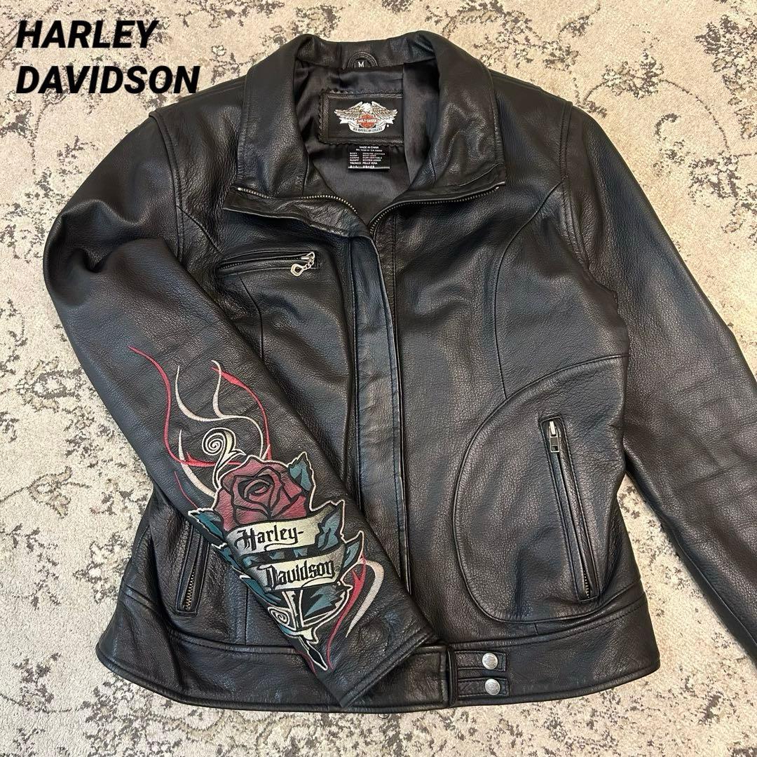 【極美品✨】ハーレーダビッドソン ライダースジャケット 革ジャン バラ刺繍 黒 Harley Davidson - 【稀少！全面刺繍！入手困難】美品羊革ハーレー