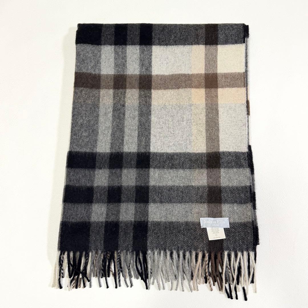 ジョシュアエリス 大判 チェック カシミヤ100% グレー系✕レッド系