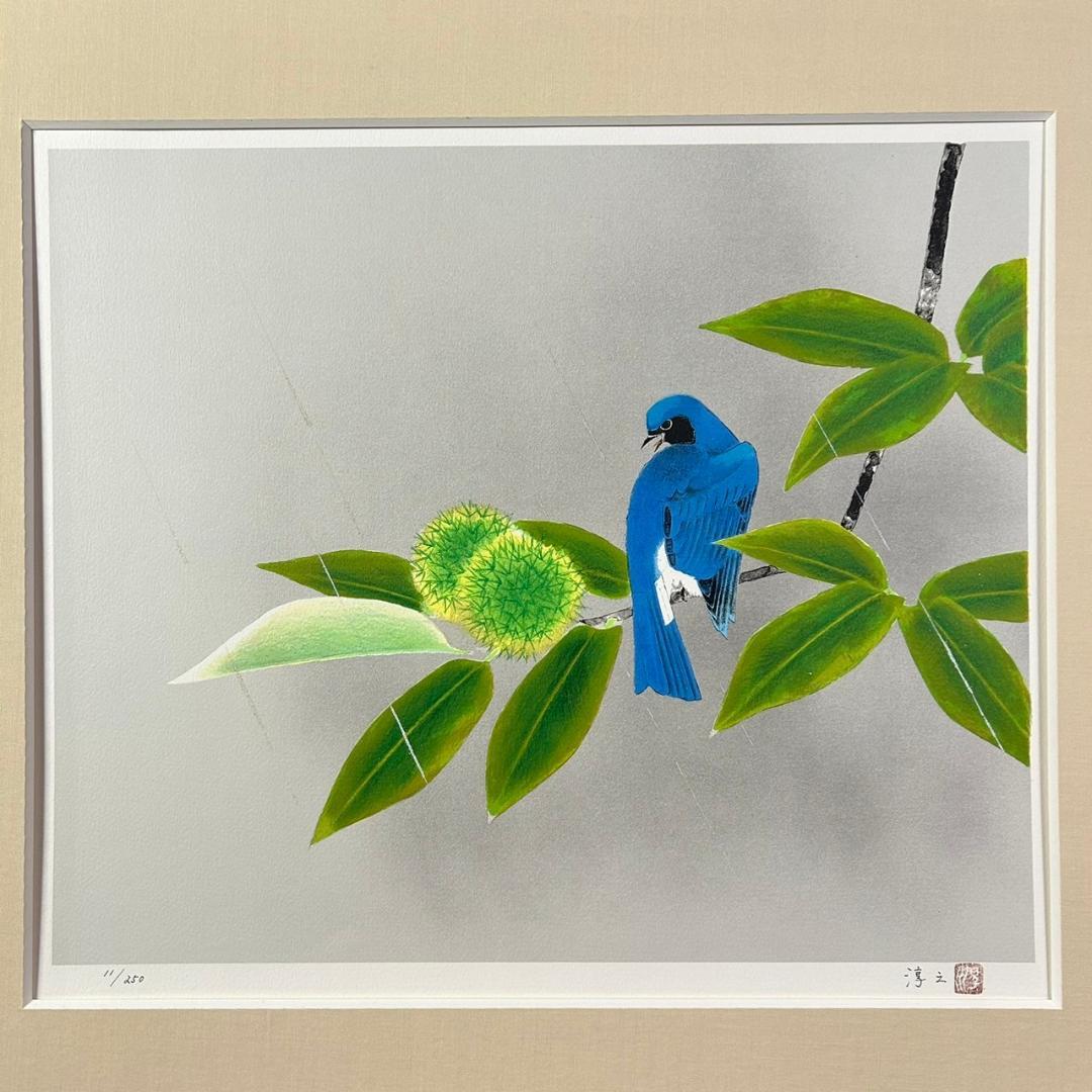 美品 上村淳之「緑雨」リトグラフ 直筆サイン入 作品発行証有 古径額