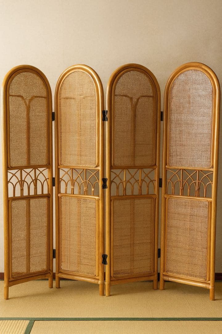 美品】ラタン パーテーション 4連 衝立 間仕切り 籐家具。 180＊160