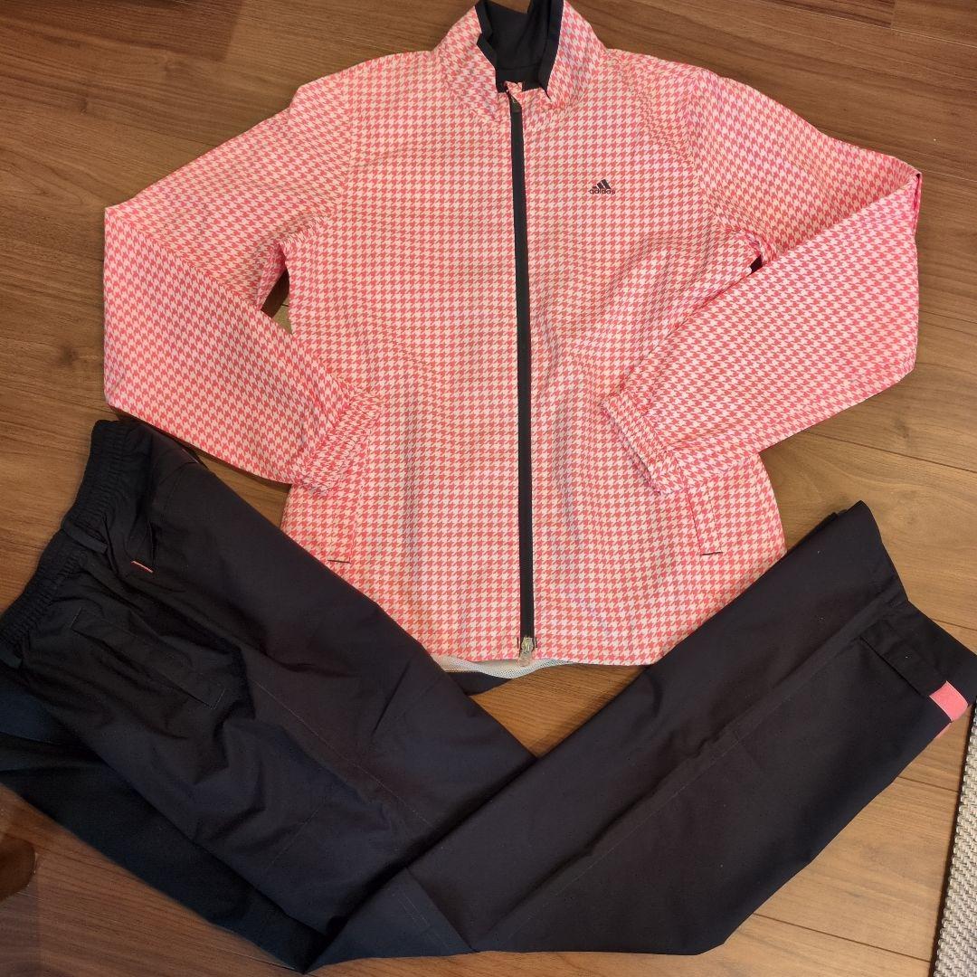【美品】アディダスゴルフ レディース レインウェア セット ピンクチェック L ADIDAS GOLF アディダスゴルフ ロング丈 レインウェア 千鳥柄 ピンク系