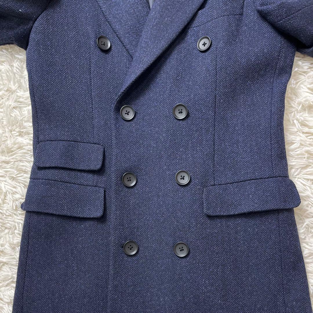 美品 スーツセレクト ダブルチェスターコート ヘリンボーン ネイビー S
