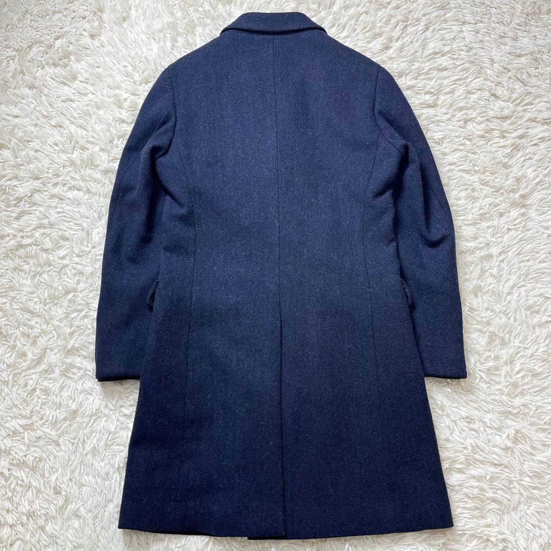 美品 スーツセレクト ダブルチェスターコート ヘリンボーン ネイビー S