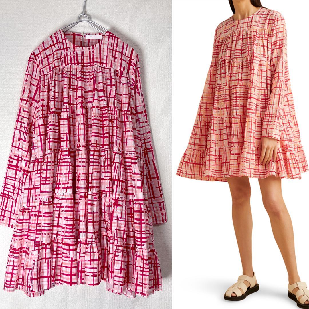 22SS✨ マーレット ソリマン S ティアードワンピース チェック ピンク セール】スリットスリーブチェックワンピース（ワンピース）｜Areeam