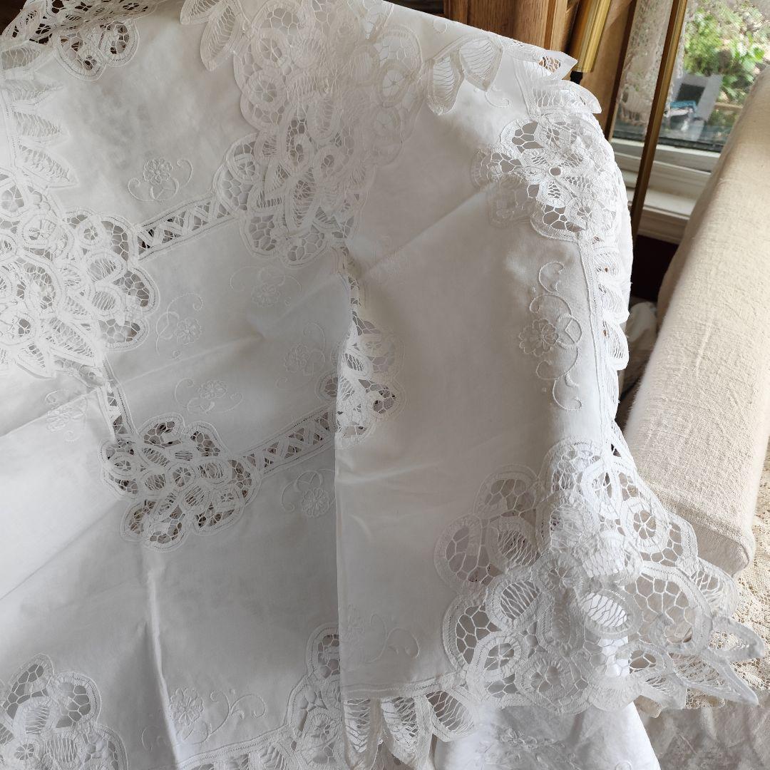 Vintageバテンレーステーブルクロス 白糸手刺繍 - メルカリ
