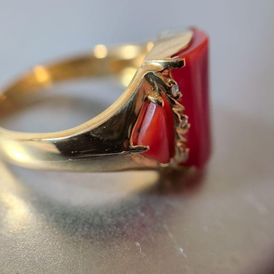 リング　K18　YG　珊瑚　ダイヤモンド計0.04ct　三越　5.53g