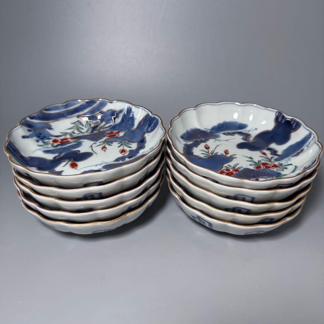 古伊万里 染錦松文様なます皿 10客 ホタルの窯印 江戸