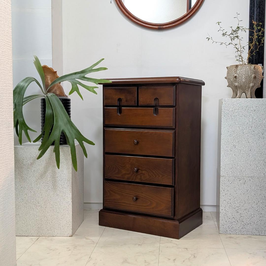 ウッド チェスト 木製 引き出し 5段 無垢材 国産 ビンテージ ブラウン ハイチェスト たんす チェスト 日本製 5段 引出し 大容量 収納