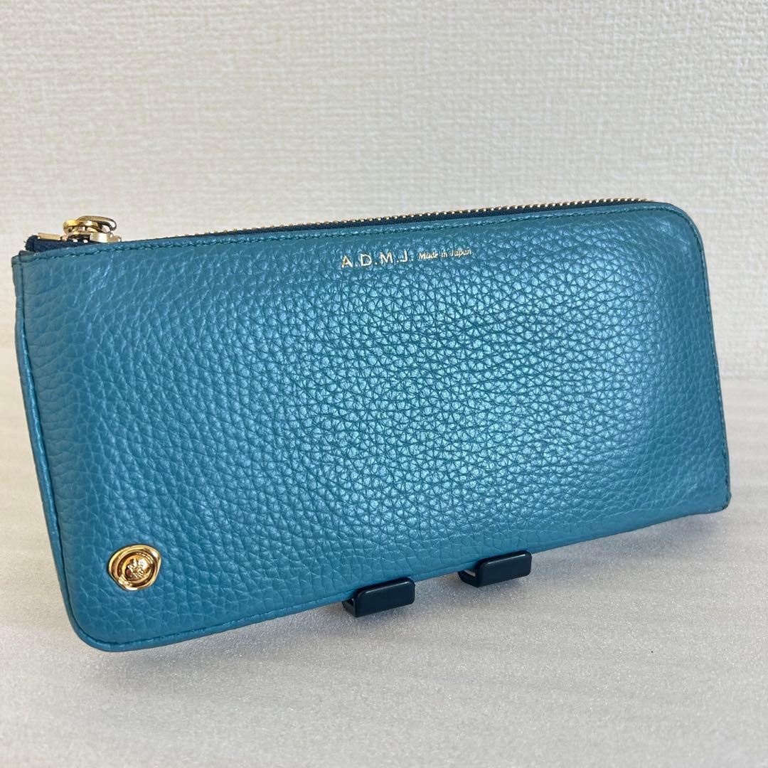 未使用級 A.D.M.J. 長財布 L字ファスナー 本革 ブルー系カラー 日本製