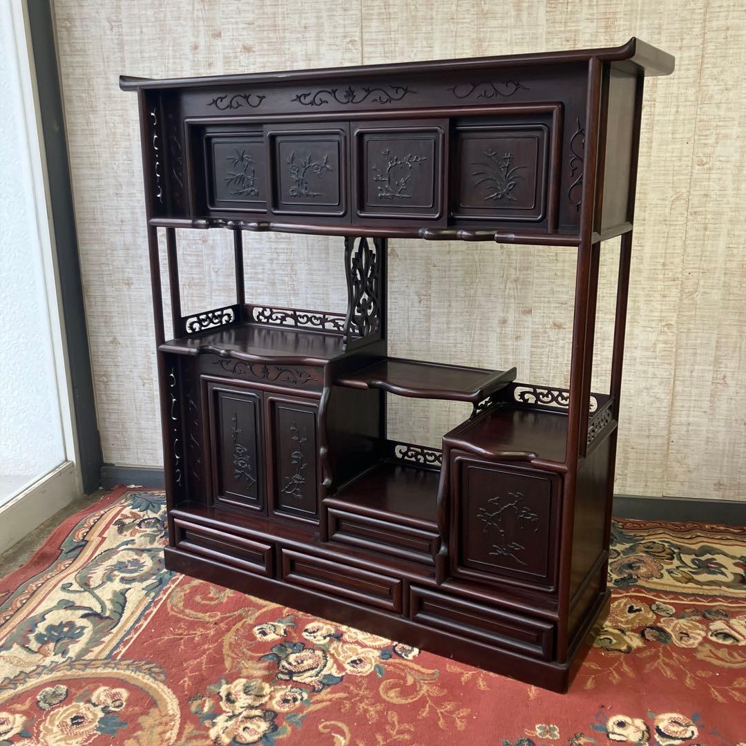唐木家具 紫檀 茶箪笥 飾り棚 中国骨董 唐草透彫り ビンテージ ヴィンテージ 受注生産品 飾り棚 紫檀 6枚戸3.8尺棚 松彫り 漆仕上げ 唐木 茶棚 唐木