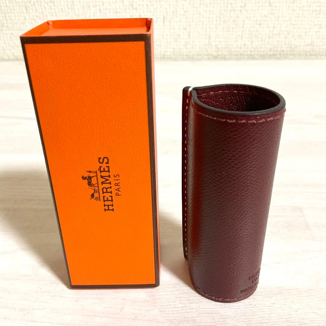 HERMES エルメス リップケース カバー 箱付き レザー ルージュH 未使用品 エルメス HERMES リップ ケース 空箱 リボン 箱付 ボーム